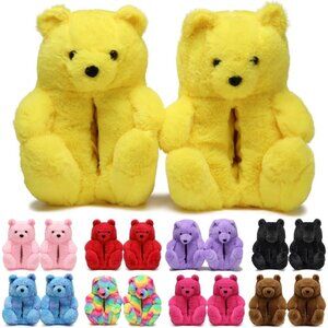 Women's Cute Fuzzy Yellow Teddy Bear Slippers Cozy Cartoon Indoor Shoes